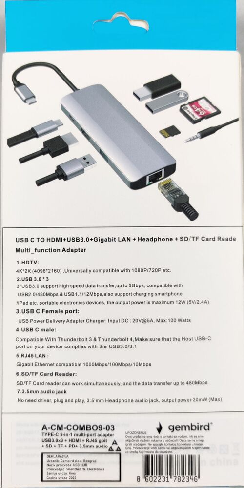 A-CM-COMBO9-03 ** GEMBIRD USB TYPE-C 9IN1 MULTI-PORT ADAPTER USB-C+HUB+HDMI+PD+CARD+RJ45 GBIT (2159)