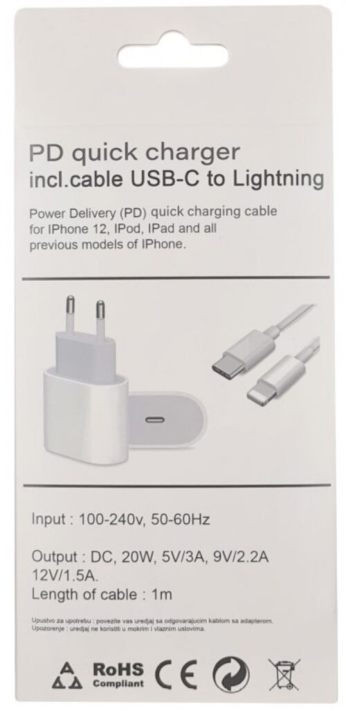 NPA-AC38 ** GEMBIRD PD BRZI PUNJAC +USB C KABL NA LIGHTNING IPHONE 20W 5V/3A, 9V/2.2A,12V/1.5A (719)