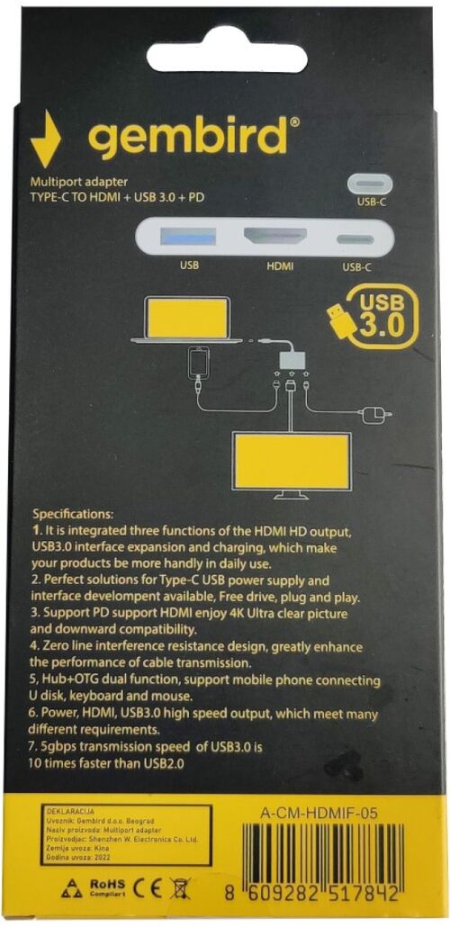 A-CM-HDMIF-05 ** GEMBIRD TYPE-C TO HDMI + USB3.0 + PD ALUMINIUM (ALT.A-CM-HDMIF-02-SG 735)