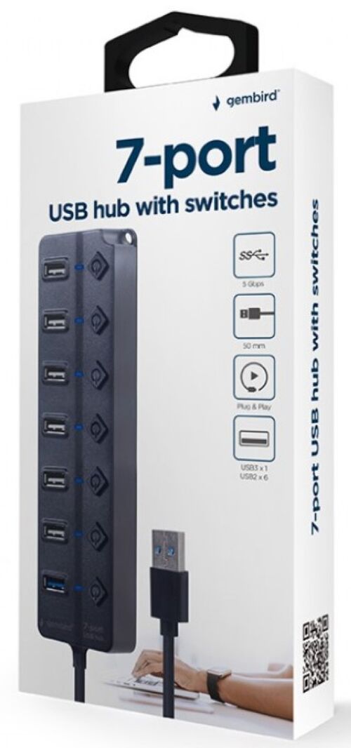 UHB-U3P1U2P6P-01 GEMBIRD 7-PORT USB HUB (1XUSB 3.1 + 6XUSB 2.0) WITH SWITCHES, BLACK