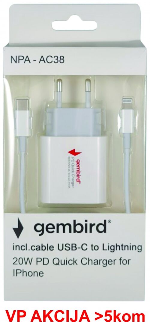 NPA-AC38 ** GEMBIRD PD BRZI PUNJAC +USB C KABL NA LIGHTNING IPHONE 20W 5V/3A, 9V/2.2A,12V/1.5A (719)