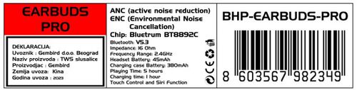 BHP-EARBUDS-PRO * (ANC) GEMBIRD BLUETOOTH V5.3, 16OHM, 45/380MAH SLUSALICE, ANC/ENC NOISE R. TOUCH