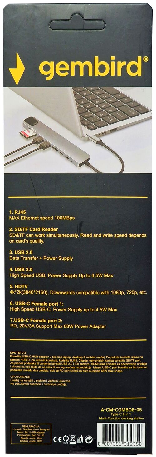 A-CM-COMBO8-05 * GEMBIRD USB HUB TYPE-C 8-IN-1 MULTI-PORT ADAPTER USB-C+USB-A+HDMI+PD+CARD+RJ45 1299