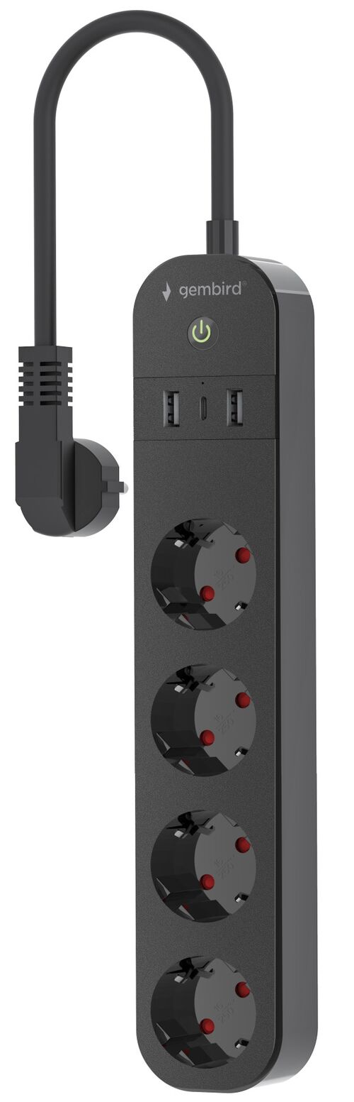 TSL-PS-S4U-01 GEMBIRD PAMETNI PRODUZNI KABL SA USB PUNJENJEM, 4 UTICNICE, 1,5M CRNI