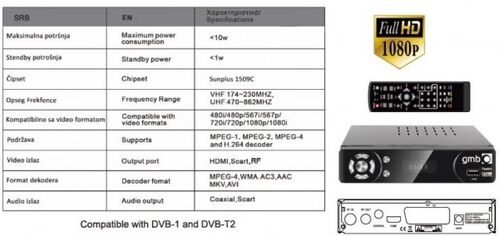 GMB-T2-404 * DVB-T2 SET TOP BOX USB/HDMI/SCART/RF-OUT, PVR, FULL HD, H264,HDMI-KABL,RF MODULATOR1319