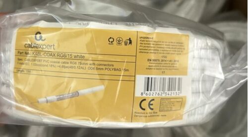 KABL-COAX-RG6/15 WHITE (X553)** KOAKSIALNI KABL RG6 KONEKTOR F-MALE/IEC, CONDUCT.18%, 6.5MM 15M