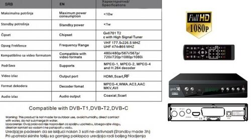 GMB-TDT-033 ** DVB-T2/C SET TOP BOX USB/HDMI/SCART/RF-OUT, PVR, FULL HD,H264, HDMI-KABL (1319)