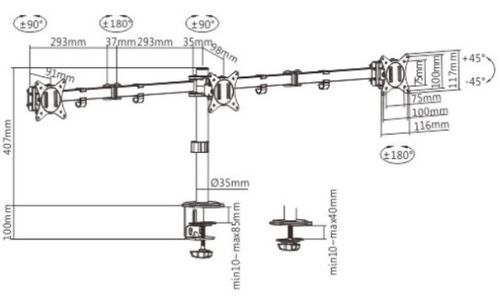 MA-D3-01 GEMBIRD PODESIVI STONI DRZAC ZA MONITOR SA TRI RUKE,TILT,ROTACIJA, OKRETANJE, 17-27 MAX.7KG