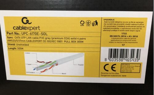 UPC-6170E-SOL GEMBIRD, UTP CAT.6 INDOOR SOLID 23AWG, 0.57MM PREMIUM CCA KOTUR PUN PRESEK 305M