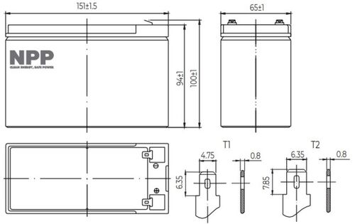 NPP NP12V-7AH, AGM BATTERY, C20=7AH, T1, 151X65X94X100, 1,97KG, BLACK