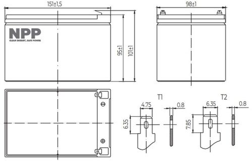 NPP NP12V-12AH, AGM BATTERY, C20=12AH, T2, 151X98X95X100, 3,3KG, BLACK