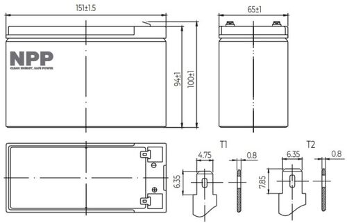 NPP NP12V-7.5AH, AGM BATTERY,  C20=7.5AH, T1, 151X65X94X100, 2,07KG, BLACK