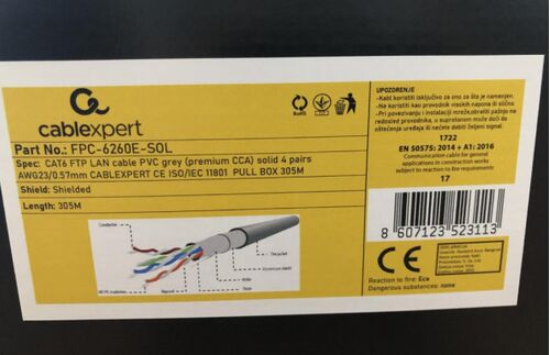 FPC-6260E-SOL *GEMBIRD, FTP CAT.6 INDOOR, SOLID 23AWG, 0.57MM PREMIUM CCA KOTUR PUN PRESEK 305M 5693