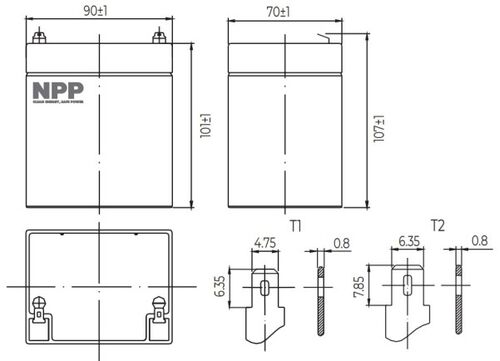 NPP NP12V-4.5AH, AGM BATTERY, C20=4.5AH, T1, 90X70X101X107, 1,5KG, BLACK