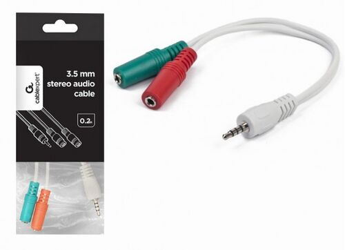 CCA-417W GEMBIRD 2X 3.5 MM(SLUSALICE I MIKROFON) ADAPTER NA 1X 3.5MM(4 PIN) CABLE, 0.2 M BELI FO