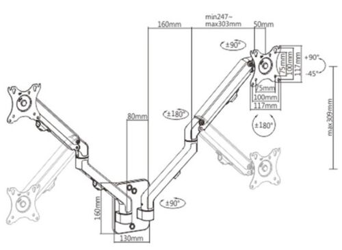 MA-WA2-01 GEMBIRD PODESIVI DUPLI ZIDNI DRZAC ZA MONITOR,TILT, 17-27 MAX.2X7KG