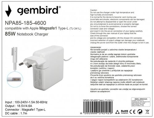 NPA85-185-4600 (TJ-341L APPLE TYPE-L) GEMBIRD PUNJAC ZA MACBOOK 85W-18.5V-4.6A, MAGSAFE1 TYPE-L