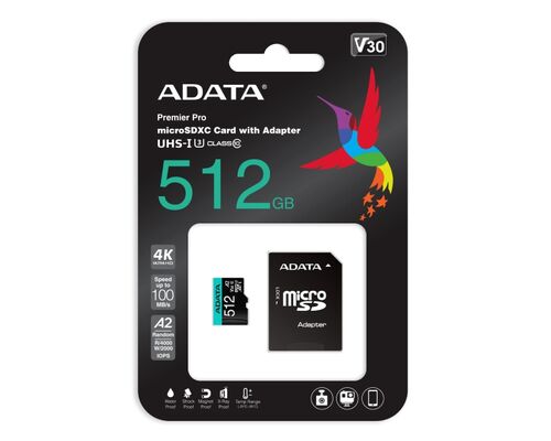 A-DATA MEMORIJSKA KARTICA UHS-I U3 MICROSDXC 512GB V30S CLASS 10 + ADAPTER AUSDX512GUI3V30SA2-RA1