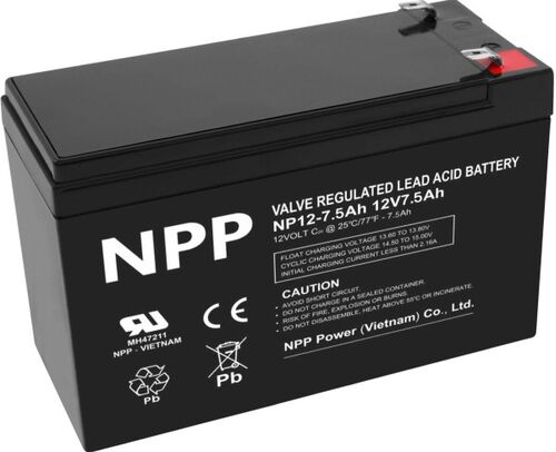 NPP NP12V-7.5AH, AGM BATTERY,  C20=7.5AH, T1, 151X65X94X100, 2,07KG, BLACK