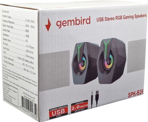 SPK-B26 * GEMBIRD STEREO ZVUCNICI BLACK LED, 2.0 INCH, 6W RMS (2X3W) USB PWR, VOLUME CONTROL, 3,5MM