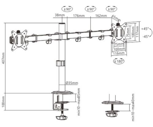 MA-D2-01 GEMBIRD PODESIVI DUPLI STONI DRZAC ZA MONITOR, TILT, 17-32 MAX.2X9KG (ALT. MA-DF2-01)