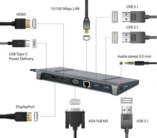 A-CM-COMBO9-02 GEMBIRD USB TYPE-C 9-U-1 ADAPTER HUB3.0 + HDMI + DISPLAYPORT + VGA + PD + LAN A