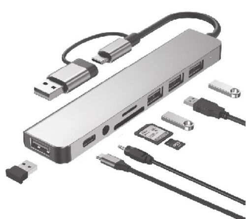 A-CM-COMBO8-06 ** GEMBIRD USB-A + USB-C MULTI-PORT 8-IN-1 USB3.0+USB2.0+SD+3.5MM+DATA (838)