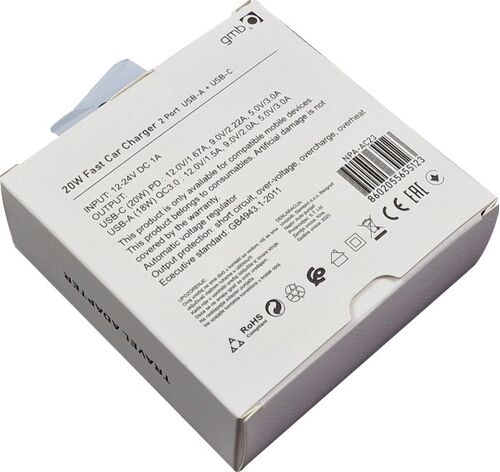 NPA-AC23 ** GEMBIRD QC3.0 PD AUTO PUNJAC +KABL-C,20W 3.6V-6.5V/2.4A, 6.5V-9V/1.67, 9V-12V/1.3A (289)