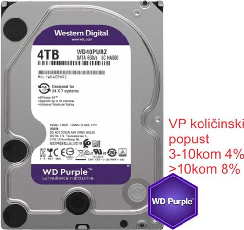 HDD 3.5 ** 4TB WD40PURZ WD PURPLE 24/7 5400RPM 64MB SATA3