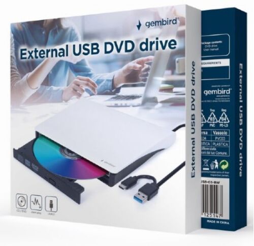 DVD-USB-03-BW GEMBIRD EKSTERNI USB CD/DVD DRIVE CITAC-REZAC, USB + USB-C, BLACK-WHITE