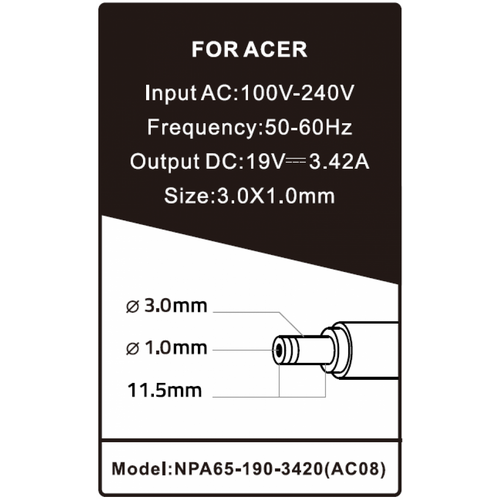 NPA65-190-3420 (AC08) ** GEMBIRD PUNJAC ZA LAPTOP 65W-19V-3.42A, 3.0X1.1MM (715)