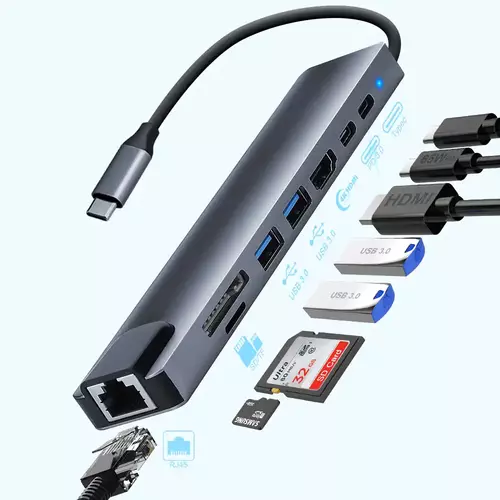 ADAPTER-KONVERTER ZEUS 8 IN 1/RJ45/SD READR/MICRO SD READE/USB 3.0 X 2/HDMI/USB-C/USB-C PD/ALIMINIUM