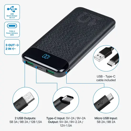 POWER BANK RIVACASE VA 2540 10000MAH/CRNI, FAST CHARGER 20W