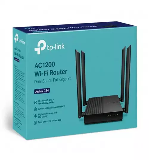 WIRELESS ROUTER TP-LINK ARCHER C64 AC1200 MU-MIMO 4X EXT ANTENA/1WAN/4LAN