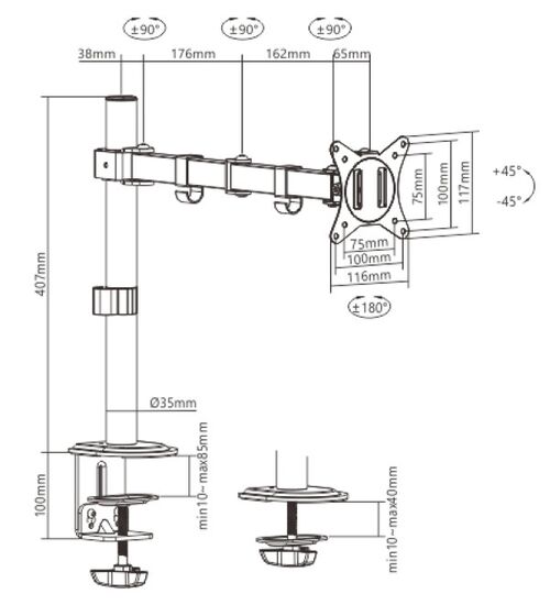 MA-D1-01 GEMBIRD PODESIVI STONI DRZAC ZA MONITOR JEDNA RUKA-PRODUZENI, TILT, 17-32 MAX.9KG