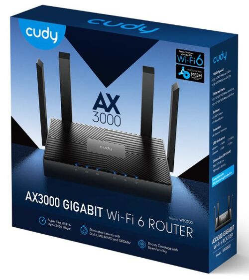 CUDY WR3000 AX3000 WIFI6 DUAL BAND 2.4+5GHZ WI-FI RUTER 1W/4LAN GBIT,4X5DBI 160MHZ, WISP/AP/REP