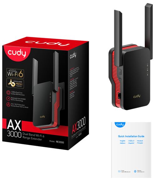 CUDY RE3000 AX3000 WI-FI 6 RANGE EXTENDER, DUAL BAND 2.4+5GHZ,2X5DBI, 1XLAN, AP, ADD-ON MESH, LED