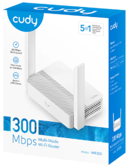 CUDY WR300 N300 WI-FI ROUTER, CHIPSET MEDIATEK, ROUTER/AP/ REPEATER/WISP 4XLAN, 2X5DBI