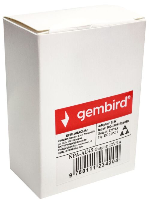 NPA-AC45** GEMBIRD PUNJAC 12V/1A  12W, 1M KABL, COPER NAPAJANJE, DC 5.5X2.1MM (ALT. NPA-AC91 223)