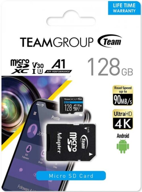 TEAMGROUP MICRO SDXC 128GB ELITE, UHS-I U3 V30 A1, 100/50MB/S +SD ADAPTER TEAUSDX128GIV30A103