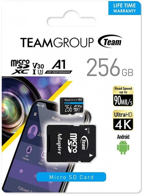 TEAMGROUP MICRO SDXC 256GB ELITE, UHS-I U3 V30 A1, 100/50MB/S +SD ADAPTER TEAUSDX256GIV30A103