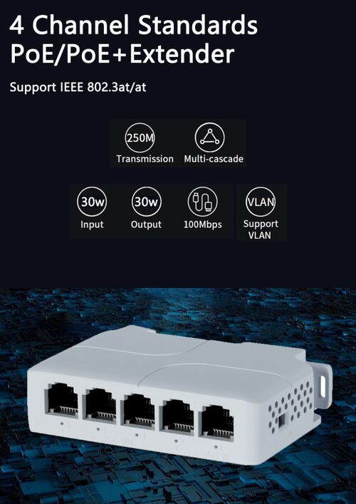 POE-EXT-14F 5 PORT, 100MBPS POE EXTENDER, 30/60W 8W/PORT, POE VOLTAGE 44-57VDC, 100M, 802.3AF/AT