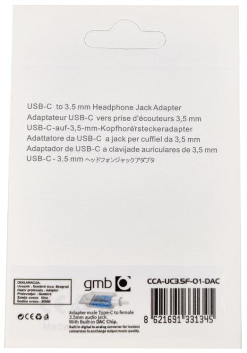 CCA-UC3.5F-01-DAC GEMBIRD HEADPHONE ADAPTER TYPE-C TO 3.5MM ADAPTER WITH RETAIL BOX FO