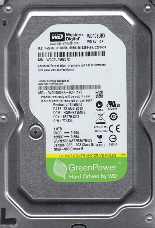 HDD 3.5 * 1TB WD10EURX WD AV-GP GREEN INTELLIPOWER 64MB SATA3 (2499)