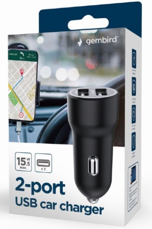 TA-UC-2A15-CAR-01 GEMBIRD 2-PORT USB CAR CHARGER, 3.1 A, BLACK