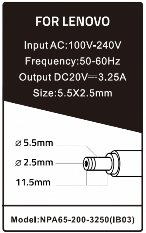 NPA65-200-3250 (IB03) ** GEMBIRD PUNJAC ZA LAPTOP 65W-20V-3.25A, 5.5X2.5MM BLACK (780)