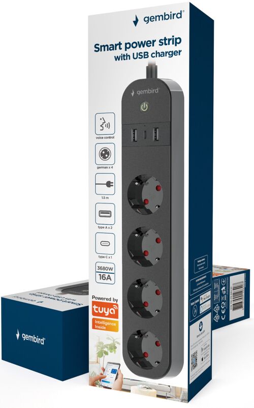 TSL-PS-S4U-01 GEMBIRD PAMETNI PRODUZNI KABL SA USB PUNJENJEM, 4 UTICNICE, 1,5M CRNI