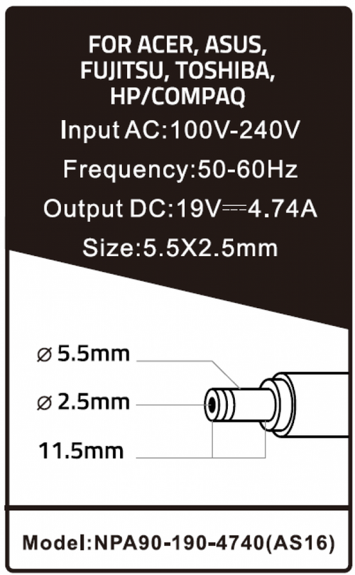 NPA90-190-4740 (AS16) ** GEMBIRD PUNJAC ZA LAPTOP 90W-19V-4.74A, 5.5X2.5MM BLACK (940)