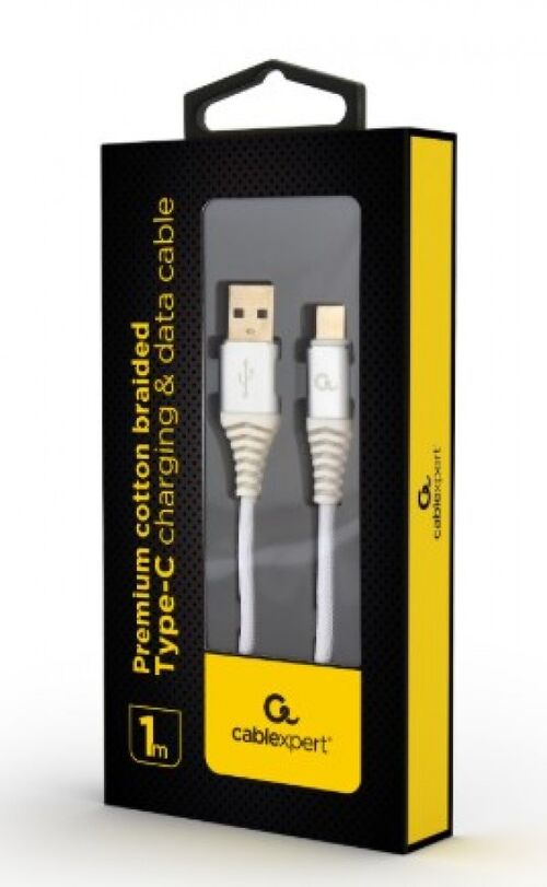 CC-USB2B-AMCM-1M-BW2 GEMBIRD PREMIUM COTTON BRAIDED TYPE-C USB CHARGING -DATA CABLE,1M, SILVER/WHITE