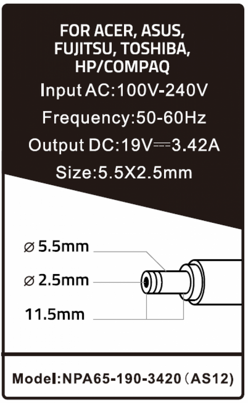 NPA65-190-3420 (AS12)** GEMBIRD PUNJAC ZA LAPTOP 65W-19V-3.42A, 5.5X2.5MM BLACK (780 ALT=AS16)